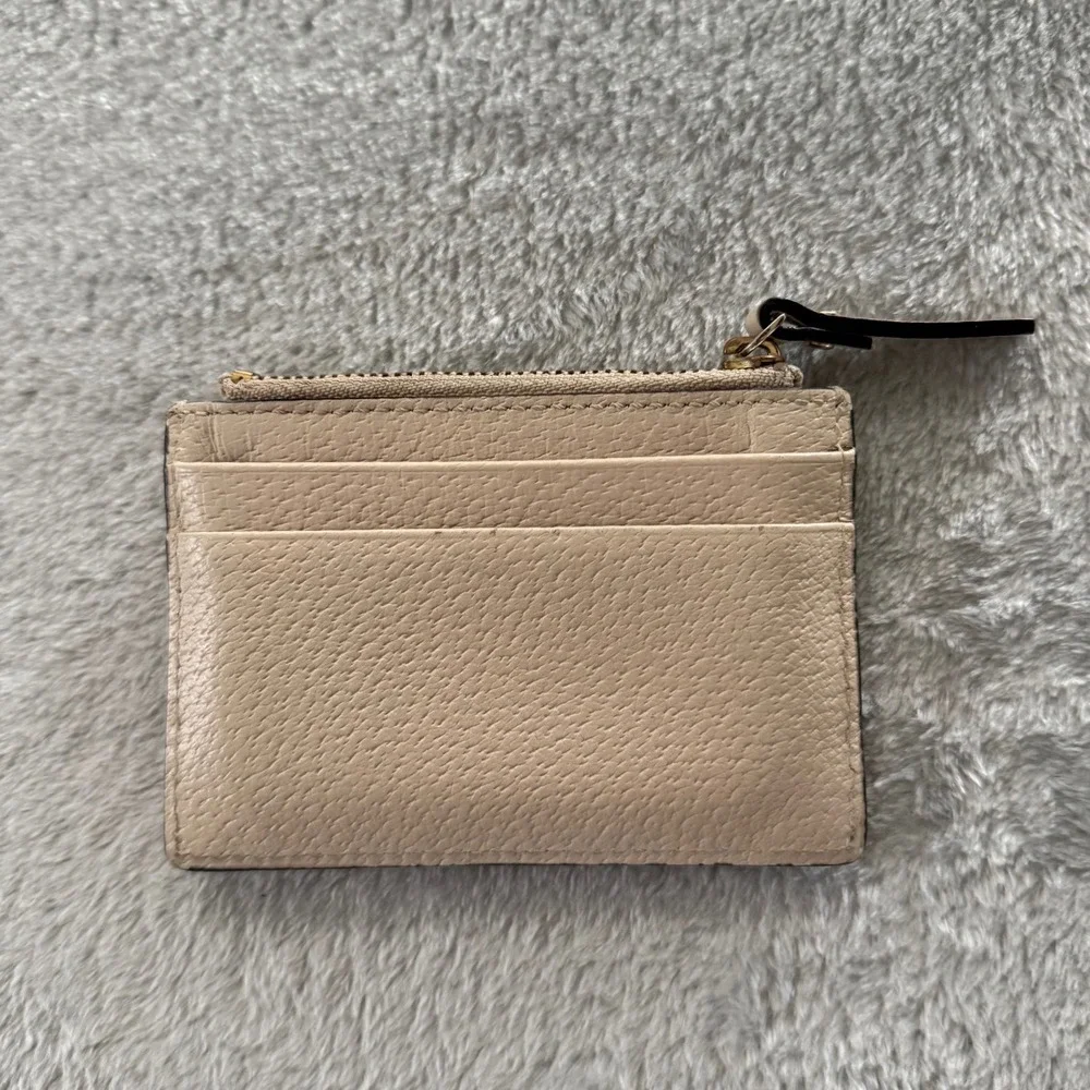 Kate Spade Leather Cardholder Coin Pouch Taupe Beige Zip Wallet Small Logo Plate
